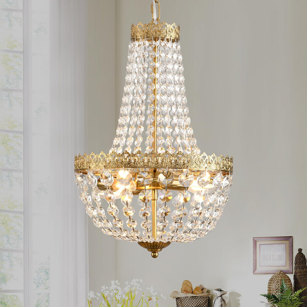 4-Light K9 Crystal Chandelier – Brushed Brass Pendant Light