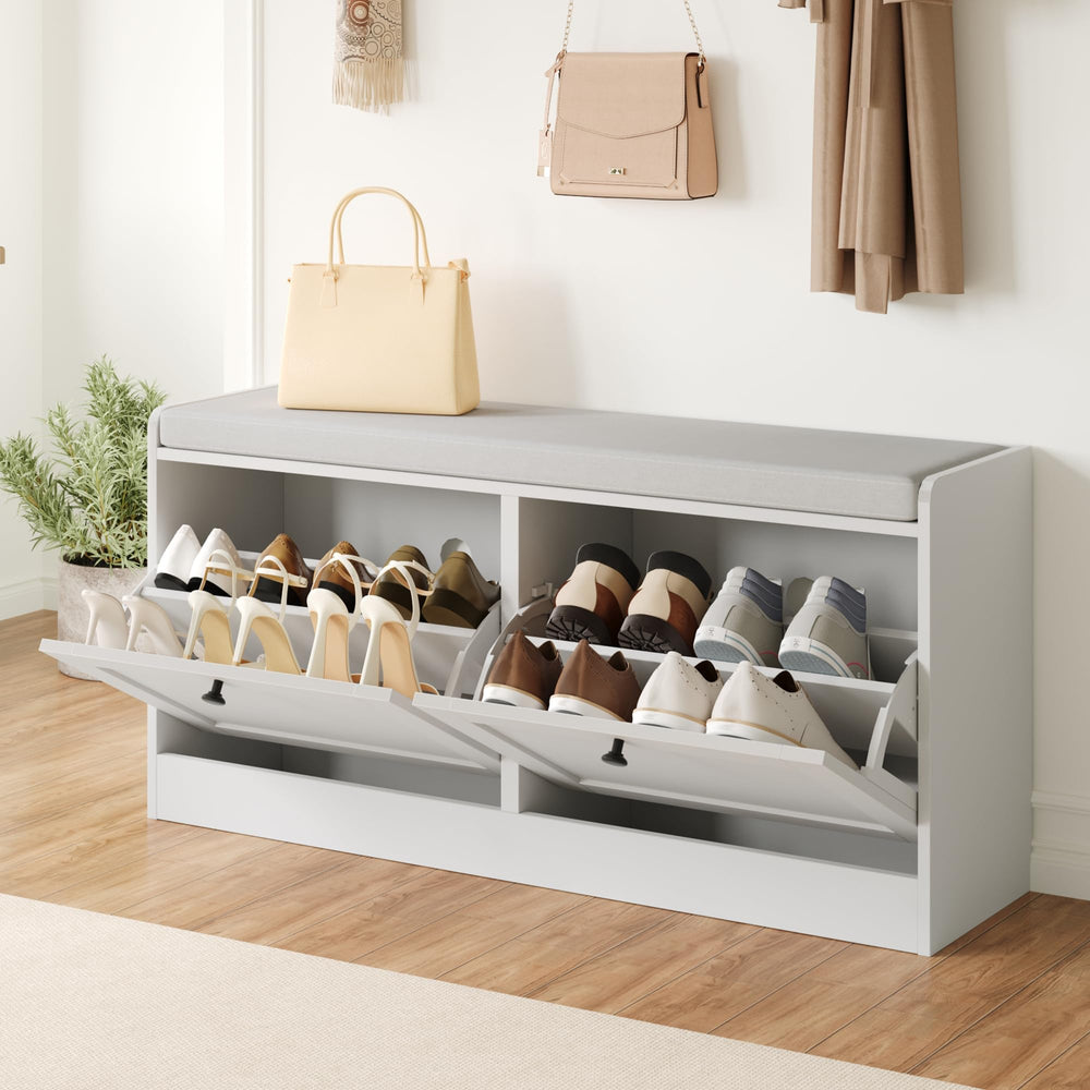 Shoe Storage Bench with Flip Drawers & Padded Seat