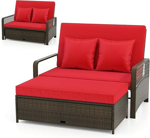 PE Rattan Double Chaise Lounge Set with Adjustable Back & Storage Ottoman