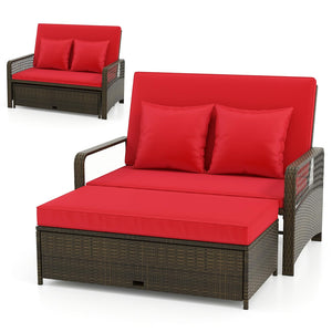 PE Rattan Double Chaise Lounge Set with Adjustable Back & Storage Ottoman