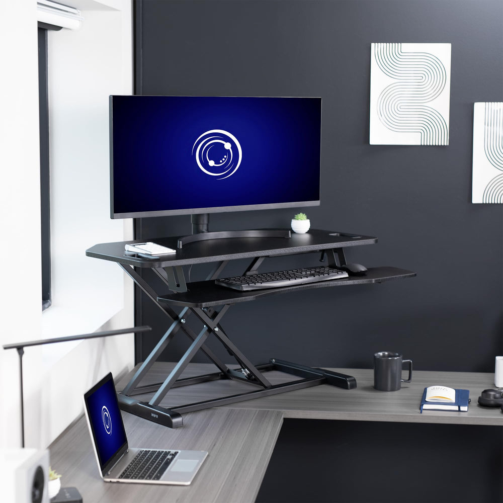 Corner Desk Converter with Wide Keyboard Tray – Height Adjustable Standing Desk Riser