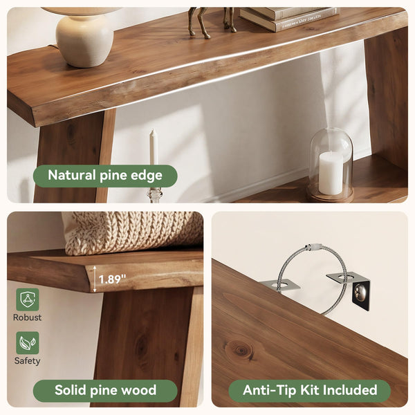 62.99" Solid Wood Console Table with 2-Tier Storage Shelf