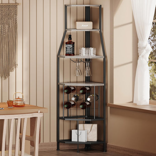 5-Tier Corner Wine Rack with Glass Holder – Floor Standing Wine Storage Shelf
