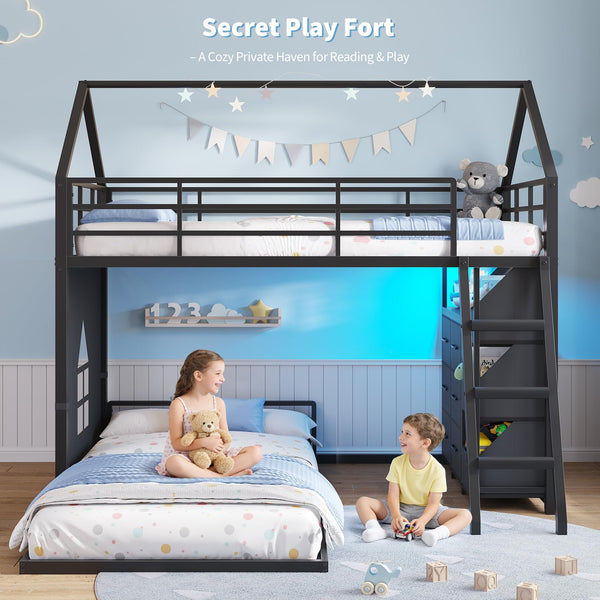 Twin Over Twin House Bunk Bed with LED Lights, Storage Drawers & Safety Guardrail