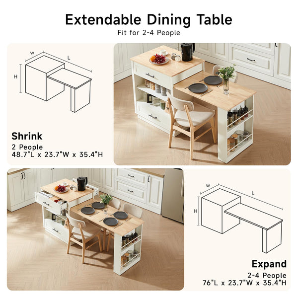 Extendable Kitchen Island with Dining Table & Storage