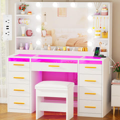 Large White Vanity Desk with Mirror, RGB Lights & 9 Drawers