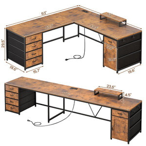 L-Shaped Computer Desk with Drawers, Monitor Shelf & Power Outlet