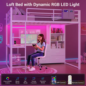 Full Size Loft Bed with L-Desk, Bookshelf & Storage