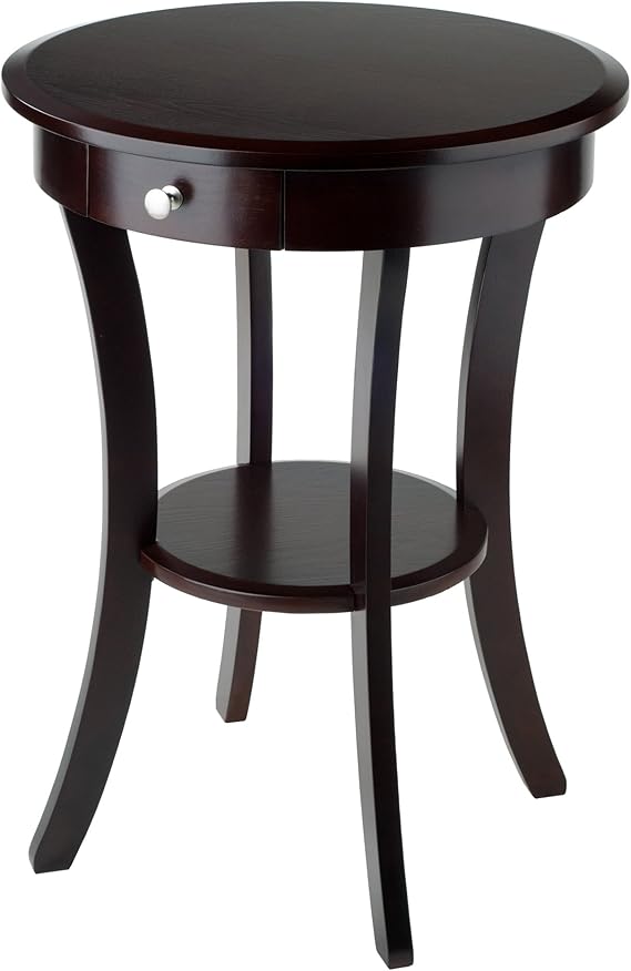 Round Wood Accent Table with Drawer and Shelf