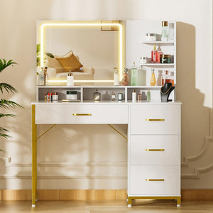 Lighted Makeup Vanity Table with Mirror, 4 Drawers & Storage Shelves