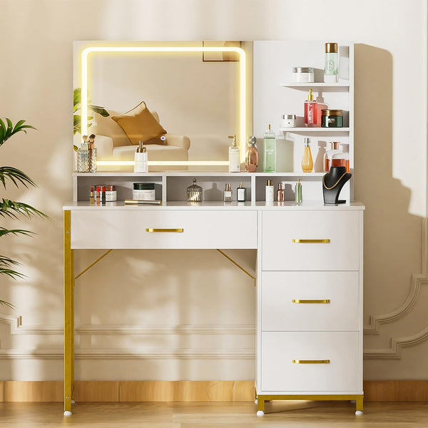 Lighted Makeup Vanity Table with Mirror, 4 Drawers & Storage Shelves