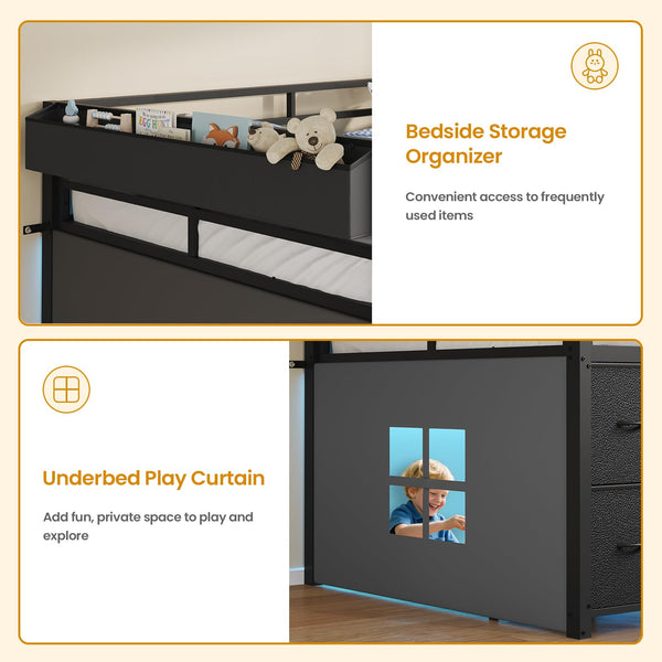 Twin Low Loft Bed with Storage Drawers, Bookcase & LED Lights