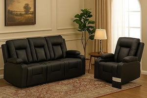 Black Faux Leather Recliner Sofa Set with Cup Holders