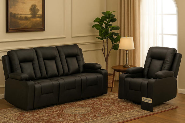 Black Faux Leather Recliner Sofa Set with Cup Holders