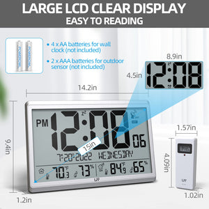 Atomic Digital Wall Clock with Indoor Outdoor Temperature and Humidity