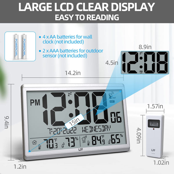Atomic Digital Wall Clock with Indoor Outdoor Temperature and Humidity