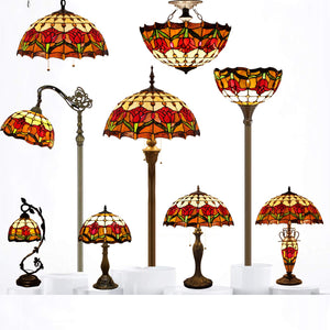 Tiffany Table Lamp Red Stained Glass Tulip 16-Inch