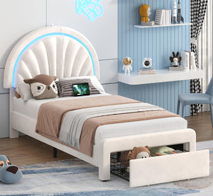 Twin Upholstered LED Bed Frame with Shell Headboard, Storage Drawer & Charging Station