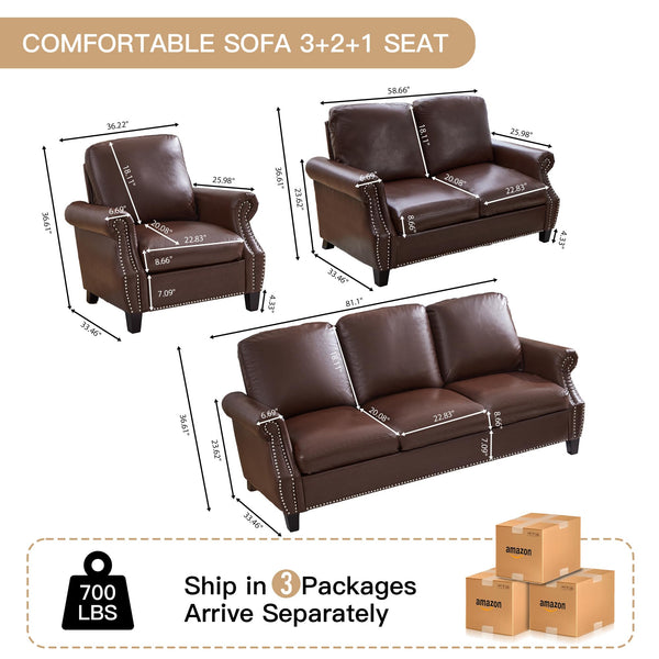 3-Piece PU Leather Sofa Set with Nailhead Trim