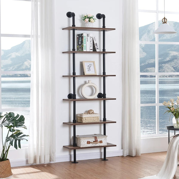 6-Tier Industrial Ladder Bookshelf with Metal Frame