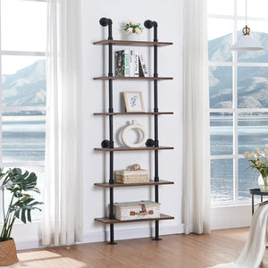 6-Tier Industrial Ladder Bookshelf with Metal Frame