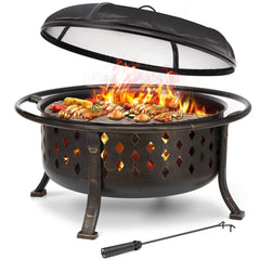 Round Wood Burning Fire Pit with BBQ Grill Grate