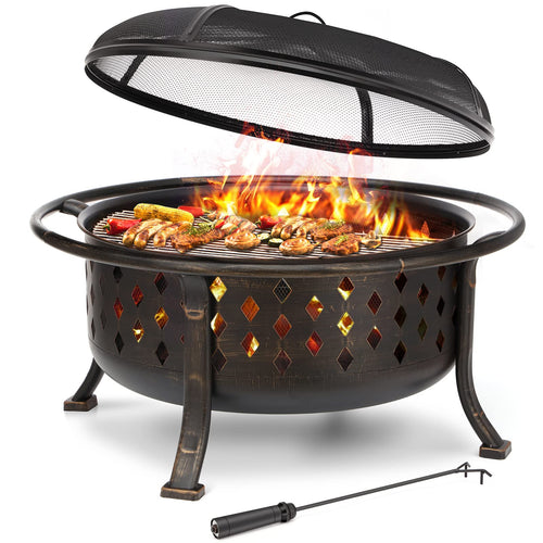 Round Wood Burning Fire Pit with BBQ Grill Grate