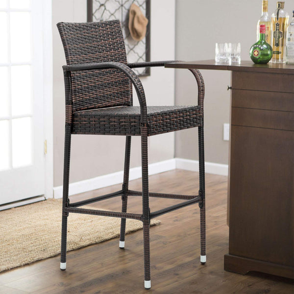 Outdoor Wicker Bar Stool Set with Footrest & Armrest (Set of 2, Brown)