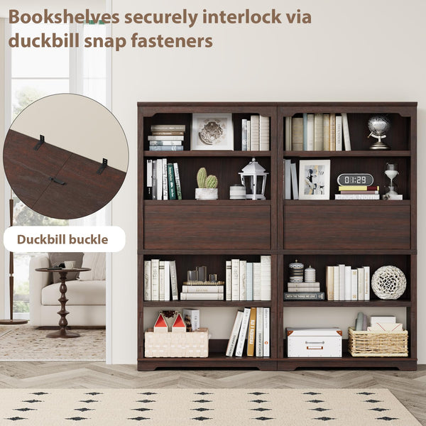 71-Inch 5-Tier Bookcase with Flip-Down Door, 37" Wide Freestanding Wood Bookshelf