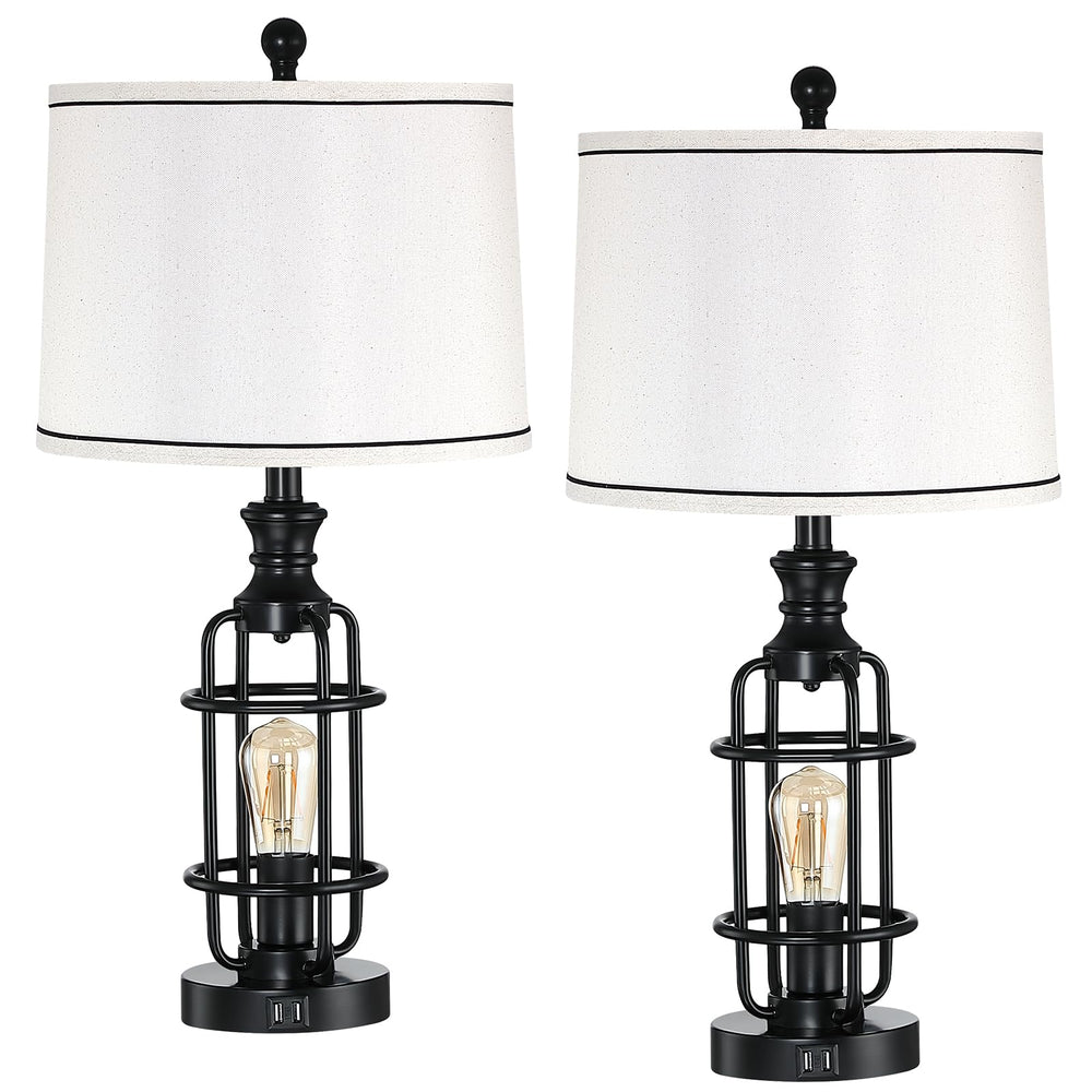 Farmhouse Table Lamp Set of 2 with USB Charging Ports & Rotary Switch