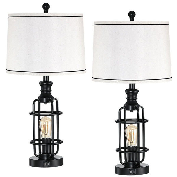 Farmhouse Table Lamp Set of 2 with USB Charging Ports & Rotary Switch