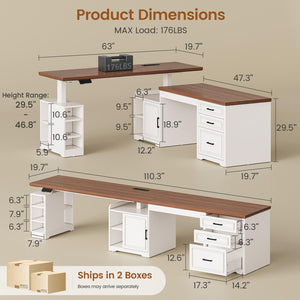 L-Shaped Electric Standing Desk with Drawers, Shelves & Power Outlet – 63" x 67"