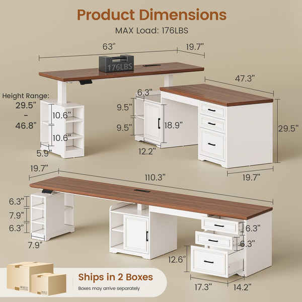 L-Shaped Electric Standing Desk with Drawers, Shelves & Power Outlet – 63" x 67"