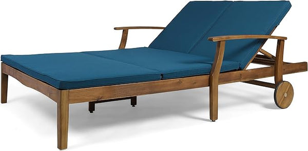 Outdoor Double Chaise Lounge – Acacia Wood Frame with Cream Cushions