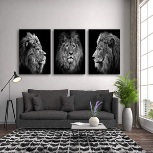 Black & White Lion Canvas Wall Art – 3 Piece Framed Set