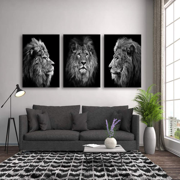Black & White Lion Canvas Wall Art – 3 Piece Framed Set