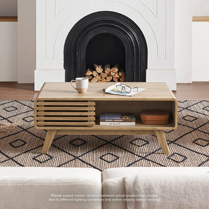 Mid-Century Fluted Coffee Table with 4-Compartment Storage & Tapered Legs