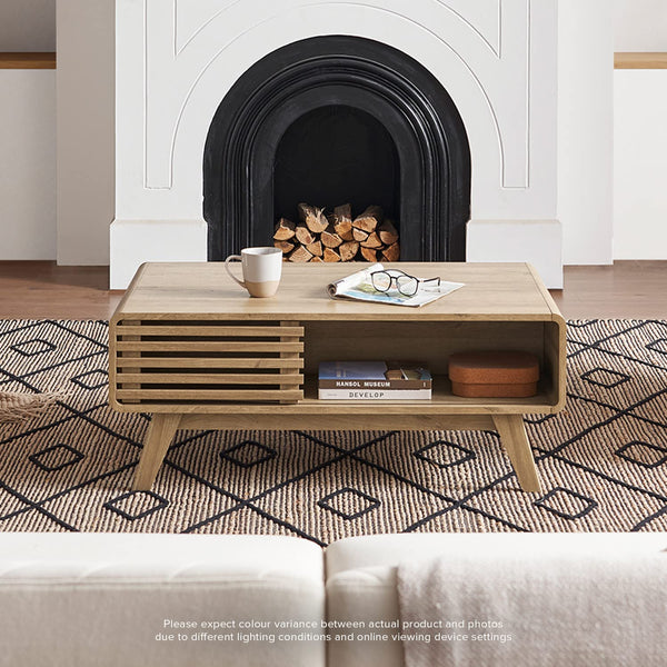 Mid-Century Fluted Coffee Table with 4-Compartment Storage & Tapered Legs