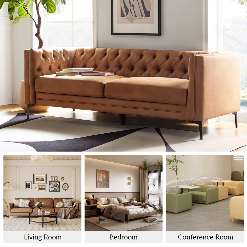 84" Faux Leather Button-Tufted 3-Seater Sofa with Metal Legs