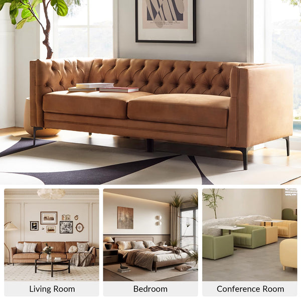 84" Faux Leather Button-Tufted 3-Seater Sofa with Metal Legs