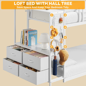 Twin Over Twin House Bunk Bed with Hall Tree & 6 Storage Drawers