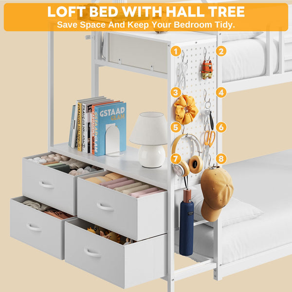 Twin Over Twin House Bunk Bed with Hall Tree & 6 Storage Drawers