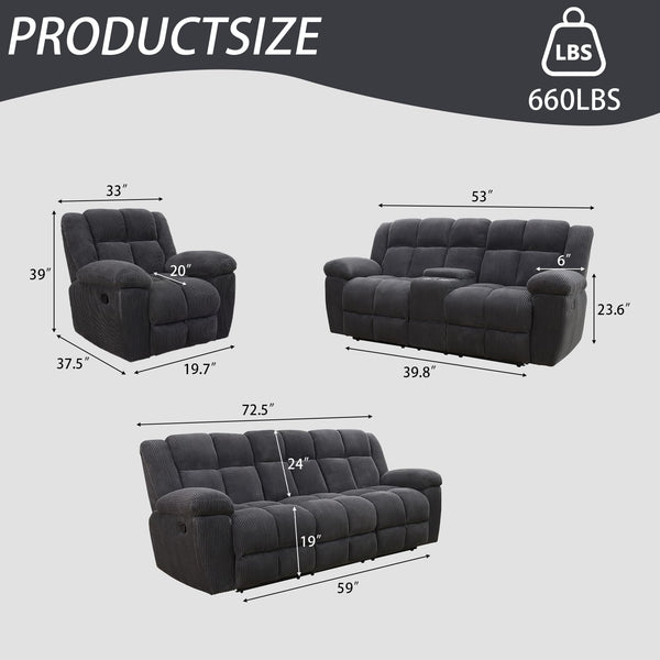 3-Piece Recliner Sofa Set with Storage & Cup Holders