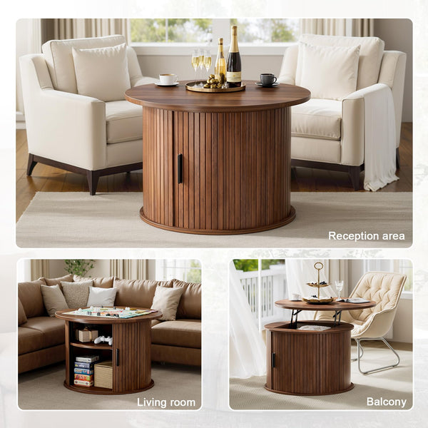 Round Lift Top Coffee Table with Hidden Storage & Fluted Sliding Door