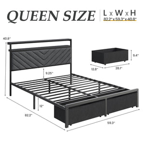 Queen Bed Frame with Storage Drawers, LED Lights & Charging Station