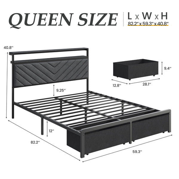 Queen Bed Frame with Storage Drawers, LED Lights & Charging Station