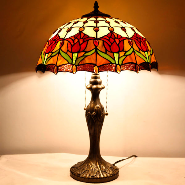 Tiffany Table Lamp Red Stained Glass Tulip 16-Inch