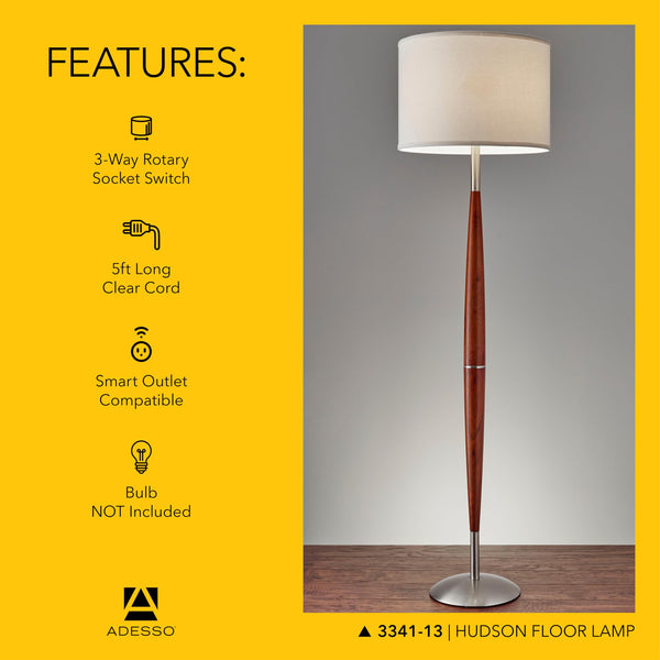 Floor Lamp with Wood Pole, Drum Shade & 3-Way Dimmer, 61"H