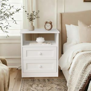White Wooden Nightstand with LED Lights & Charging Station