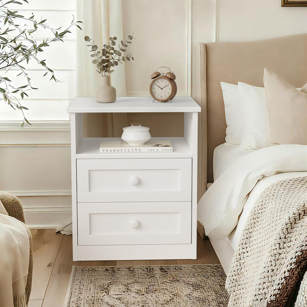 White Wooden Nightstand with LED Lights & Charging Station